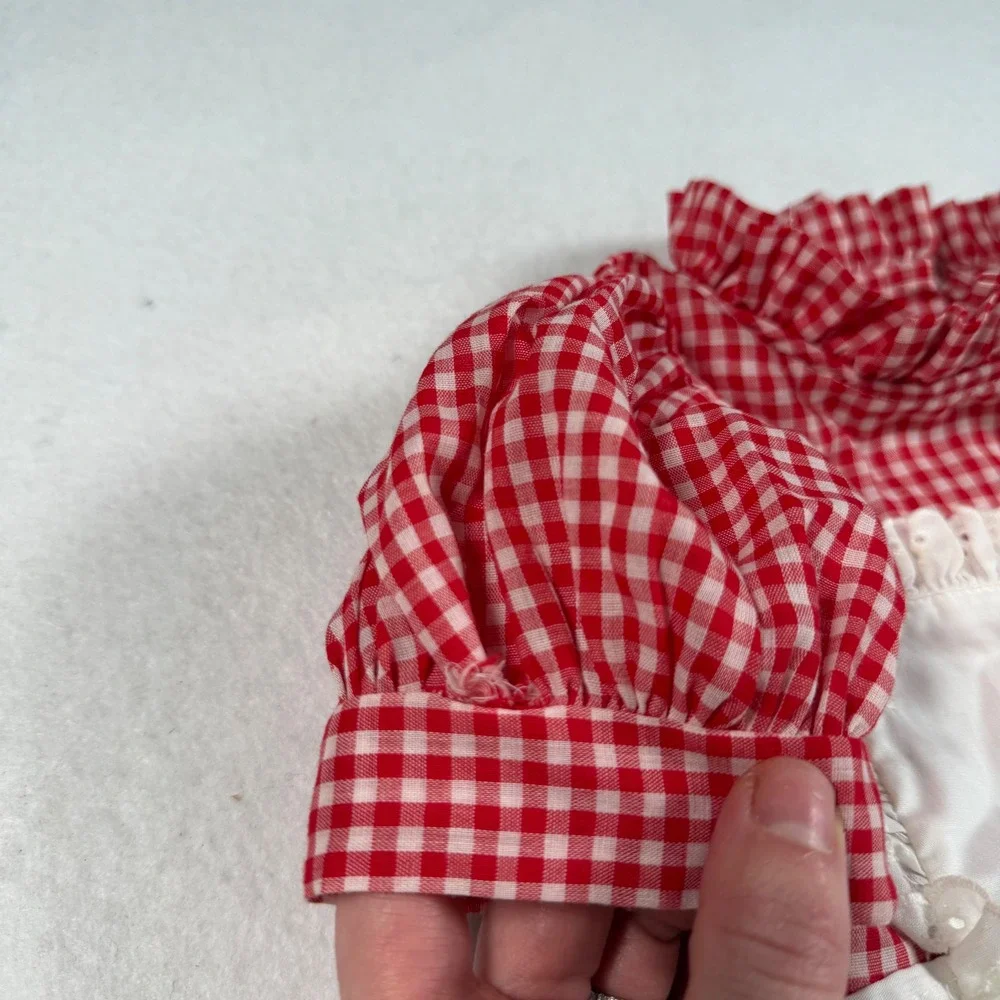 Vintage Sakowitz Girls Red Gingham Apron Dress I Love You This Much 4T Eyelet